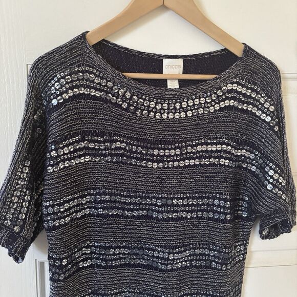 Chicos Womens Sweater Size 1 Blue Striped Sequins Pullover Ethereal Fairy Goth - Picture 3 of 12